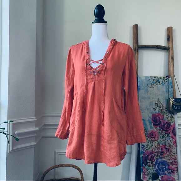 FOR CYNTHY BURNT ORANGE LINEN HOODED TUNIC TOP COVER UP - Picture 14 of 14